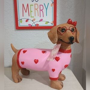 Pink Heart Sweater Dog Figurine